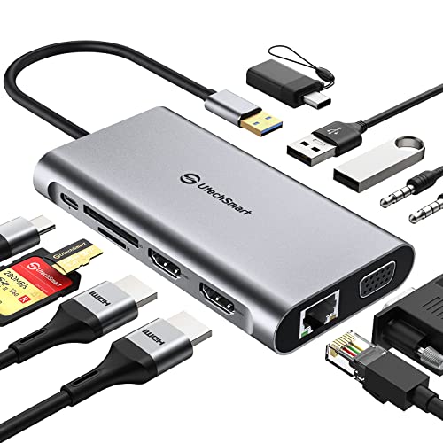 UtechSmart USB Docking Station, 11 in 1 USB C Dock Triple Display | USB 3.0 Laptop Docking Station with Dual HDMI, VGA, PD, Ethernet, SD/TF, USB 3.0, Mic/Audio, MacBook M1 Dell HP Lenovo - color: Grey
