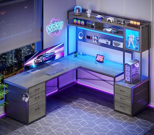 SEDETA Reversible L Shaped Gaming Desk with 6 Drawers, Hutch, Led Lights - color: Grey