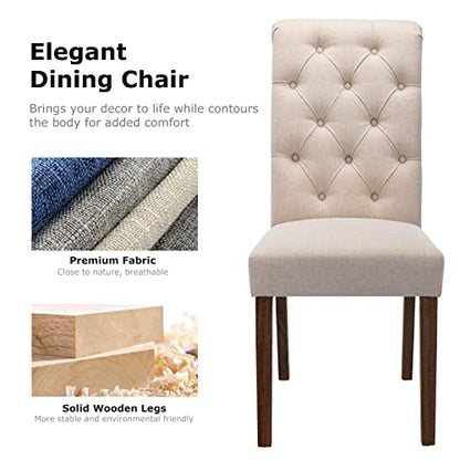 COLAMY Button Tufted Dining Chairs Set of 6, Accent Parsons Diner Chair Upholstered Fabric Dining Room Chairs Stylish Kitchen Chairs with Solid Wood Legs and Padded Seat - Dark Beige - color: Beige, size: set of 6
