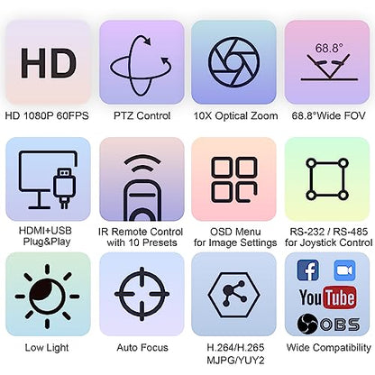 TONGVEO PTZ Camera HDMI/USB 10X Optical Zoom 60fps 1080P Video Conference Camera for Church Worship Live Streaming Meeting Online Learn with Zoom YouTube OBS and More - color: black