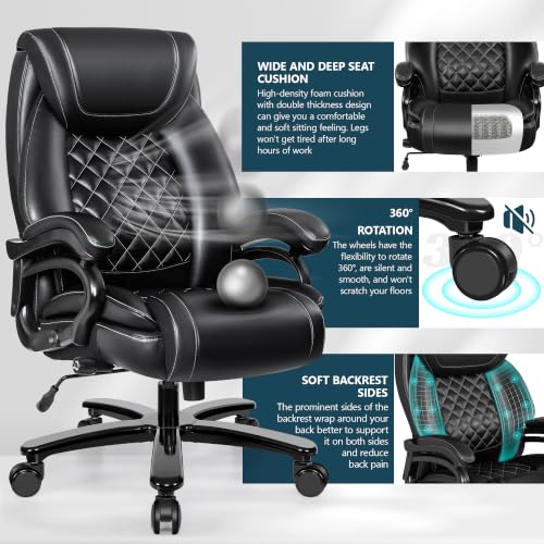 Big and Tall 500lbs Office Chair,Heavy Duty Large PU Leather Executive Desk Chair with Wide Seat, Adjustbale Ergonomic Lumbar Support High Back Rocking Computer Chair for Heavy People - color: Black