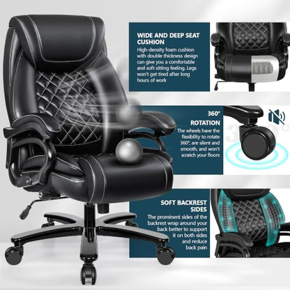 Big and Tall 500lbs Office Chair,Heavy Duty Large PU Leather Executive Desk Chair with Wide Seat, Adjustbale Ergonomic Lumbar Support High Back Rocking Computer Chair for Heavy People - color: Black