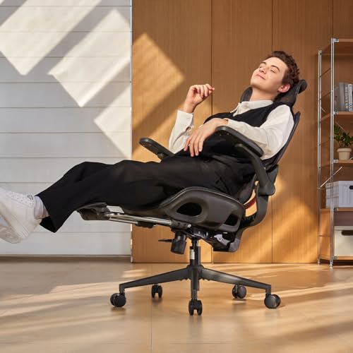 SIHOO B100 PRO Ergonomic Office Chair with Footrest, Mesh Office Chair with Adaptive Lumbar Support, Computer Chair with Wide Headrest, Desk Chair with 360° Rotatable Flip-Up Armrests, Black - color: Ebony