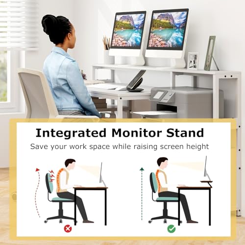 Tangkula Computer Desk with Power Outlets, 66” Computer Workstation with Monitor Stand, CPU Stand, Printer Shelf & File Drawer, Writing Table Gaming Desk for Home Office (White)