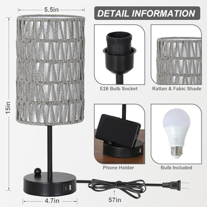 Gray Bedside Lamps Set of 2, Touch Control Night Stand Lamp for Bedroom with Rattan & Linen Shade & Bulbs, 3 Way Dimmable Small Boho Table Lamps with USB Charging Port & Phone Stand - color: Gray-2pack