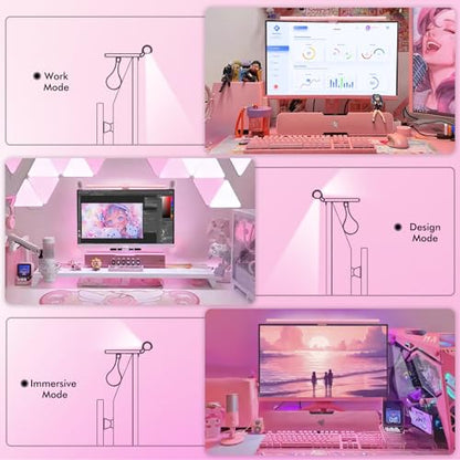 Quntis Pink Monitor Light Bar with Backlight, Desk Light Bar with Remote | Eye-Care No Glare, Space Saving, Stepless Dimming, Desk Lamp for Home Office Gaming Reading Study Drawing, as Gifts for Girls - color: Pink