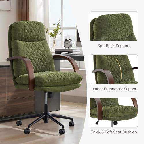 KISLOT Home Office Desk Chair, Ergonomic Office Chair with Lumbar Support, Adjustable Swivel Computer Chair with Wheels, Fabric Executive Task Chair with Wood Arms, Set of 2, Moss Green - color: Moss Green Fabric, size: Set of 2