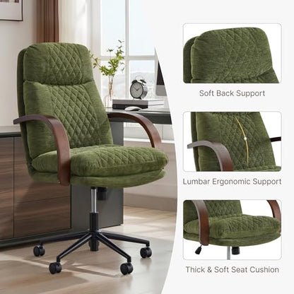 KISLOT Home Office Desk Chair, Ergonomic Office Chair with Lumbar Support, Adjustable Swivel Computer Chair with Wheels, Fabric Executive Task Chair with Wood Arms, Set of 2, Moss Green - color: Moss Green Fabric, size: Set of 2