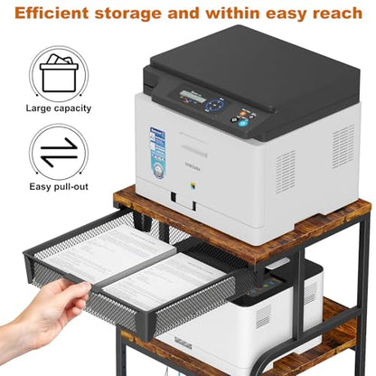 Large Printer Stand with Drawer, 3-Tier Industrial Rolling Cart | 5 Adjustable Shelves, Mobile Printer Table for Desk & Home Office, Fits 3D Printer, Scanner and Fax Machine Rustic Brown - color: Rustic Brown, size: Large(19.7"L X 15.7"W X 32.2"H)