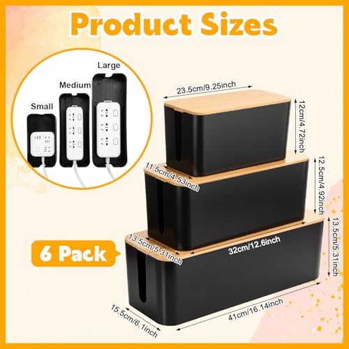 Novabright 6 Pack Cable Management Box 3 Sizes Cord Organizer Boxes with Bamboo Lids for Power Strip to Hide Wires, Flame Retardant ABS for Home & Office Desk Cable Concealer (Black) - color: Black