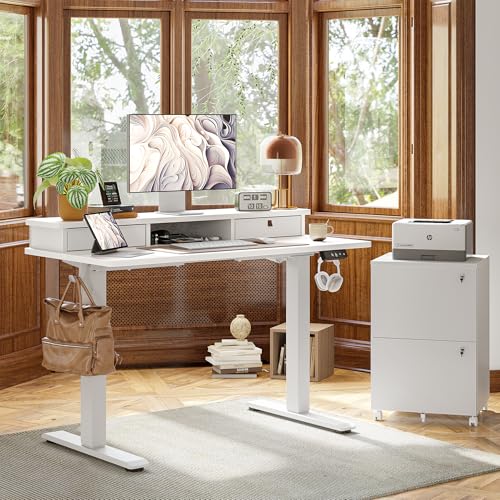 TIQLAB Standing Desk with Two Drawers, Stand Up Standing Desk Adjustable Height, Electric Sit Stand Table with Storage Shelf and Splice Board, 48 * 24 inch, White - color: White, size: 47*24 inch without keyboard tray