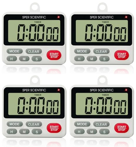 Sper Scientific 24-Hour Digital Lab + Kitchen Timer with LED Light 810001 - Precision Countdown Timer with Large Display, Loud Alarm & Clock Mode - for Cooking, Lab Experiments & More - 4 pc - size: 4 Pack