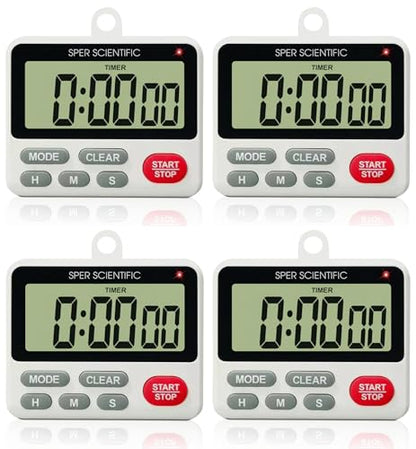 Sper Scientific 24-Hour Digital Lab + Kitchen Timer with LED Light 810001 - Precision Countdown Timer with Large Display, Loud Alarm & Clock Mode - for Cooking, Lab Experiments & More - 4 pc - size: 4 Pack