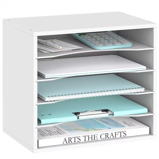 5 Tier Wood Desk Organizer, Mail Sorter and Paper Organizer for Desk, White - color: White, size: 13.4" x 9.1" x 12", style: 5 Compartments