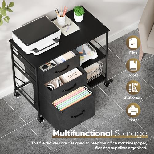 ZENY Lateral File Cabinet with 3 Drawers, Mobile File Cabinet Printer Stand, Rolling Fabric Lateral Filing Cabinet for Office Home Small Space (Black) - color: Black