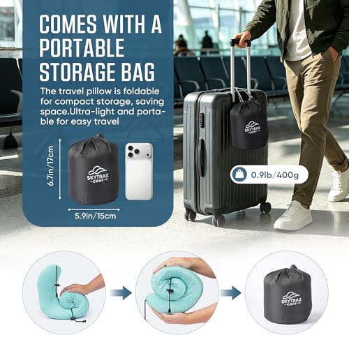 SkytraxComf® Travel Neck Pillow with Hood for Privacy on Long Flights | Memory Foam | Airplane Sleep | Safety-Tested Materials | Extra Large Hood | Chin Support | Earplugs | Washable Cover - color: Mint Blue