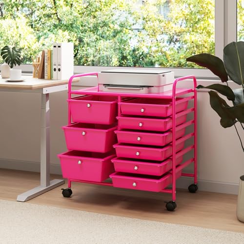 RELAX4LIFE 9 Drawer Rolling Storage Cart - Mobile Drawer Carts for Craft Art Supply Paper Salon, Utility Cart on Wheels for Classroom Teacher School Office, Rolling Cart with Drawers (Hot Pink) - color: Hot Pink, style: 9 Drawers