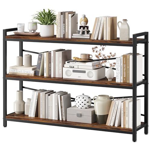 3 Tier Bookshelf 47.24" Width, Wood and Metal Etagere Bookcase, Vintage Farmhouse Modern Wooden Large Book Shelf for Home Living Room Bedroom Office Storage(Rustic Brown) - color: Rustic, size: 3 Tier - 47.2" W