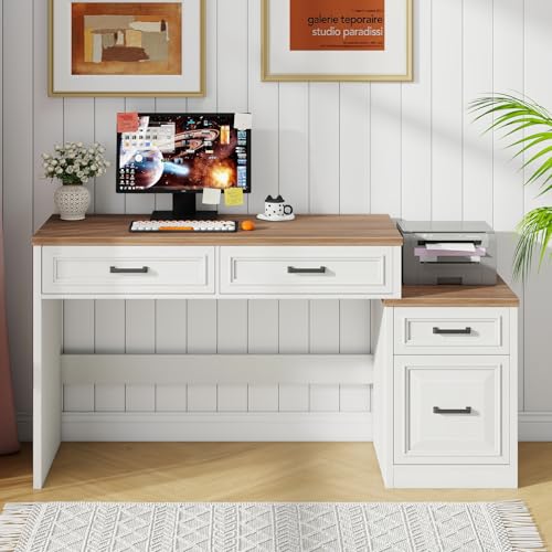 Vabches 61" Farmhouse Computer Desk with Storage and File Drawer | Executive Desks with Printer Stand, Rustic Large Home Writing Desk for Home Office - color: Unique White