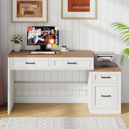 Vabches 61" Farmhouse Computer Desk with Storage and File Drawer | Executive Desks with Printer Stand, Rustic Large Home Writing Desk for Home Office - color: Unique White