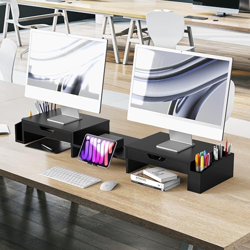 Simple Houseware Desk Dual Monitor Stand Riser with 2 Drawers, Black - color: Black