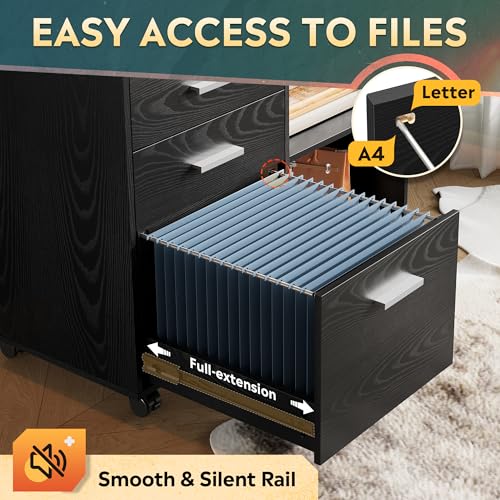 DEVAISE Wood File Cabinet, 3 Drawer Lateral Filing Cabinet Black - color: Black