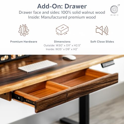 Walnut Standing Desk with Drawer - W60 x D27 Solid Wood Live Edge Adjustable Height Sit Stand Desk - Stable Dual Motor with Memory Presets, Quick Assembly - Stand Up Home Office Table by MWS Studio