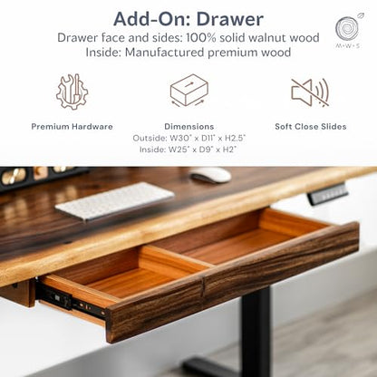 Walnut Standing Desk with Drawer - W60 x D27 Solid Wood Live Edge Adjustable Height Sit Stand Desk - Stable Dual Motor with Memory Presets, Quick Assembly - Stand Up Home Office Table by MWS Studio