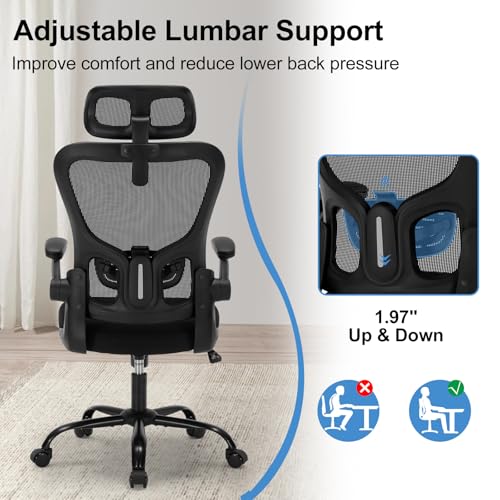Office Chair Ergonomic Desk Chair High Back Mesh Computer Chair with Adjustable Lumbar Support & Headrest, Flip-Up Armrests, 300lbs Capacity 360 Swivel Chair for Home Office, Black