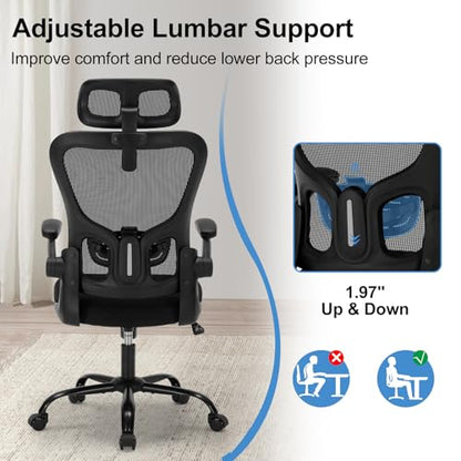 Office Chair Ergonomic Desk Chair High Back Mesh Computer Chair with Adjustable Lumbar Support & Headrest, Flip-Up Armrests, 300lbs Capacity 360 Swivel Chair for Home Office, Black