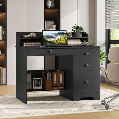 TTVIEW Computer Desk with Drawers and Hutch Shelf, Wood Executive Desk Writing Study Table with 43” Wide Tabletop, Small Desk with File Drawer for Home Office Bedroom, Black - color: Black