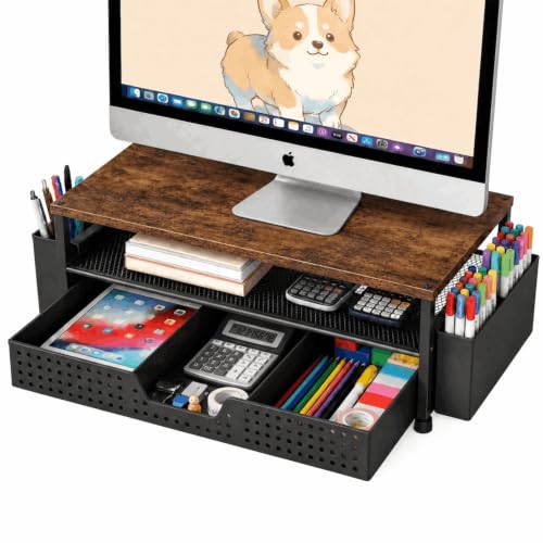 ECOLOVI Desk Organizer and Accessories, 2-Tier Computer Monitor Stand Rise with Storage Drawer & 2 Pen Holders, Laptop & Printer Stand for Desktop, Workspace Organizers for Office Supplies (Brown) - color: Walnut Brown