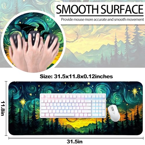 Starry Night Forest Dragon Gaming Desk Mat, XL Extended Mouse Pad - color: W05