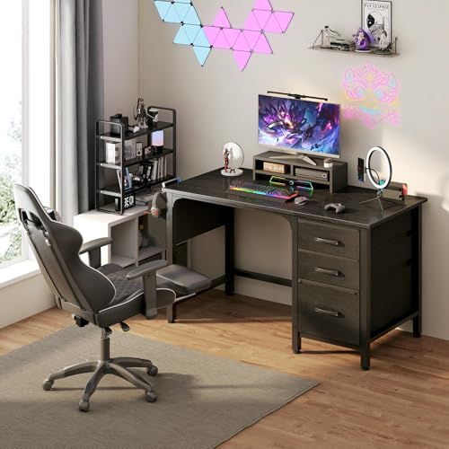 Lufeiya Computer Desk with File Drawers Cabinet, 47 Inch Reversible Home Office Desks with Filing Cabinet for Small Space, Gaming Study Writing Table PC Desks, Black - color: Black, size: 46.6"