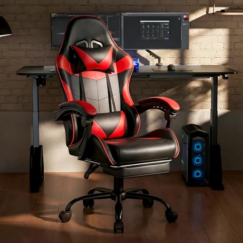 Gaming Chair, Ergonomic Computer Chair with Footrest and Lumbar Support, Height Adjustable Office Chair with 360° Swivel Seat and Headrest (Red & Black) - color: Red & Black