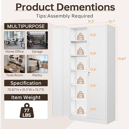 71"H Metal Storage Cabinet with Lock, White Garage Cabinets with 2 Doors and 5 Adjustable Shelves, Steel Locking Caninets Tall Tool Utility Caninet, Lockable File Cabnet for Home Office, Pantry