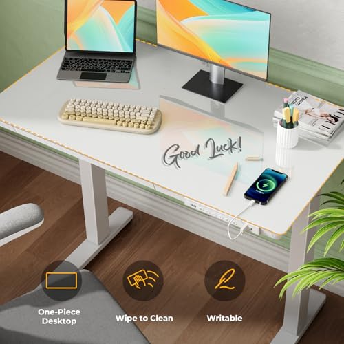 35" Electric Standing Desk with Drawer, One-Piece Glass Top - color: White Glass-top, size: 35"