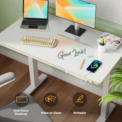 35" Electric Standing Desk with Drawer, One-Piece Glass Top - color: White Glass-top, size: 35"