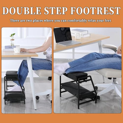 Adjustable Double Step Footrest, High-Density Foam with Sturdy Iron Frame Foot Rest Under Desk for Office, Ergonomic Footrest with Washable Cover for Desk Work, Home,Patented Design(Black)