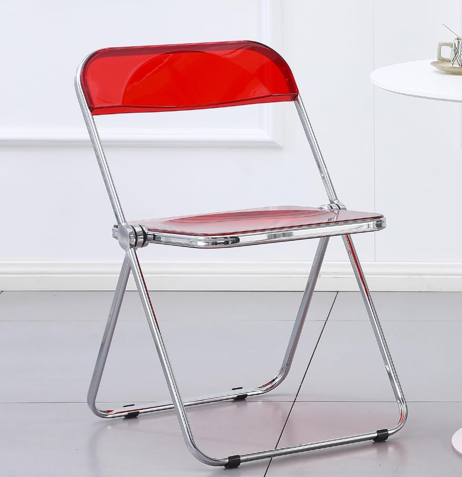 Red Acrylic Folding Chair with Chrome Frame,Plastic Foldable Seat | Stackable Vanity Chair for Home Office, Modern Clear Accent Side Chair for Party, Desk, Vanity,Space Saving Dining Chair - color: Red
