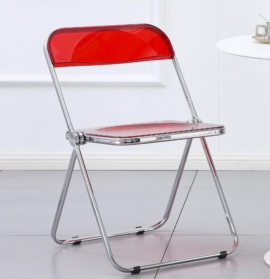 Red Acrylic Folding Chair with Chrome Frame,Plastic Foldable Seat | Stackable Vanity Chair for Home Office, Modern Clear Accent Side Chair for Party, Desk, Vanity,Space Saving Dining Chair - color: Red