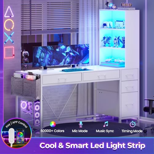 SEDETA Computer Desk with 5 Drawers and Bookshelf, Reversible Home Office Desk with Storage Shelves and File Drawer, Gaming Desk with LED Lights for Small Spaces, White - color: White