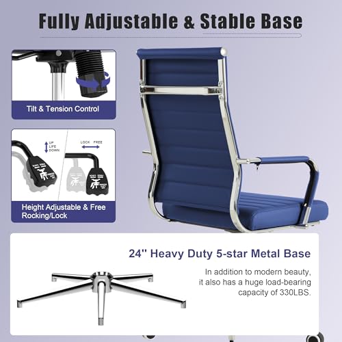 Okeysen Navy Blue Office Desk Chair, Ergonomic Leather Modern Conference Room Chairs, Executive Ribbed Height Adjustable Swivel Rolling Chair for Home Office. - color: Blue
