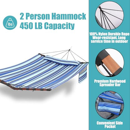 TegerDeger 12FT 2 Person Hammock with V Shaped Spreader Bar -Blue Stripes - color: Blue Stripes