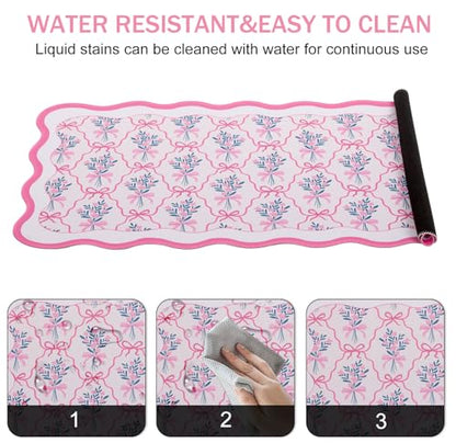 L-SPOUTTO Pink Floral Mouse Pad,Cute Scalloped Desk Mat XXL Gaming Mousepad | Girly Bow Large 35.4x15.7in Non-Slip Rubber Base Keyboard Pad Waterproof Desktop Mat for Laptop Computer Game Home Office - color: Flowers with Bow