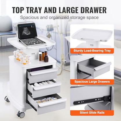 VEVOR 4 Tiers Lab Carts, Lab Utility Cart with 3 Drawers & 1 Top Tray, Mobile Medical Cart with ABS Material, Lab Rolling Cart with 4 Silent Wheels for Lab, Clinic, Hospital, Salon, White - color: White + Gray