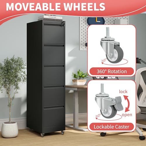 IKIMI 5 Drawer Mobile File Cabinet with Lock,Black Metal Filing Cabinets - color: Black, size: 5 Drawers with Wheels