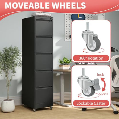 IKIMI 5 Drawer Mobile File Cabinet with Lock,Black Metal Filing Cabinets - color: Black, size: 5 Drawers with Wheels