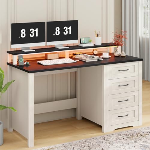 Vabches 47" Farmhouse Executive Desk with 4 Drawers and LED Lights, Black - color: Black, size: 4 Drawers & Monitor Stand