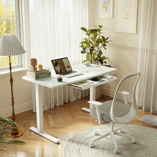 BANTI 48"x24" Standing Desk with Glass Top, Height Adjustable Computer Desk with Drawer, One-piece Rising Home Office Desks with Positon Memory, Sit Stand Up Electric Workstation Table, White